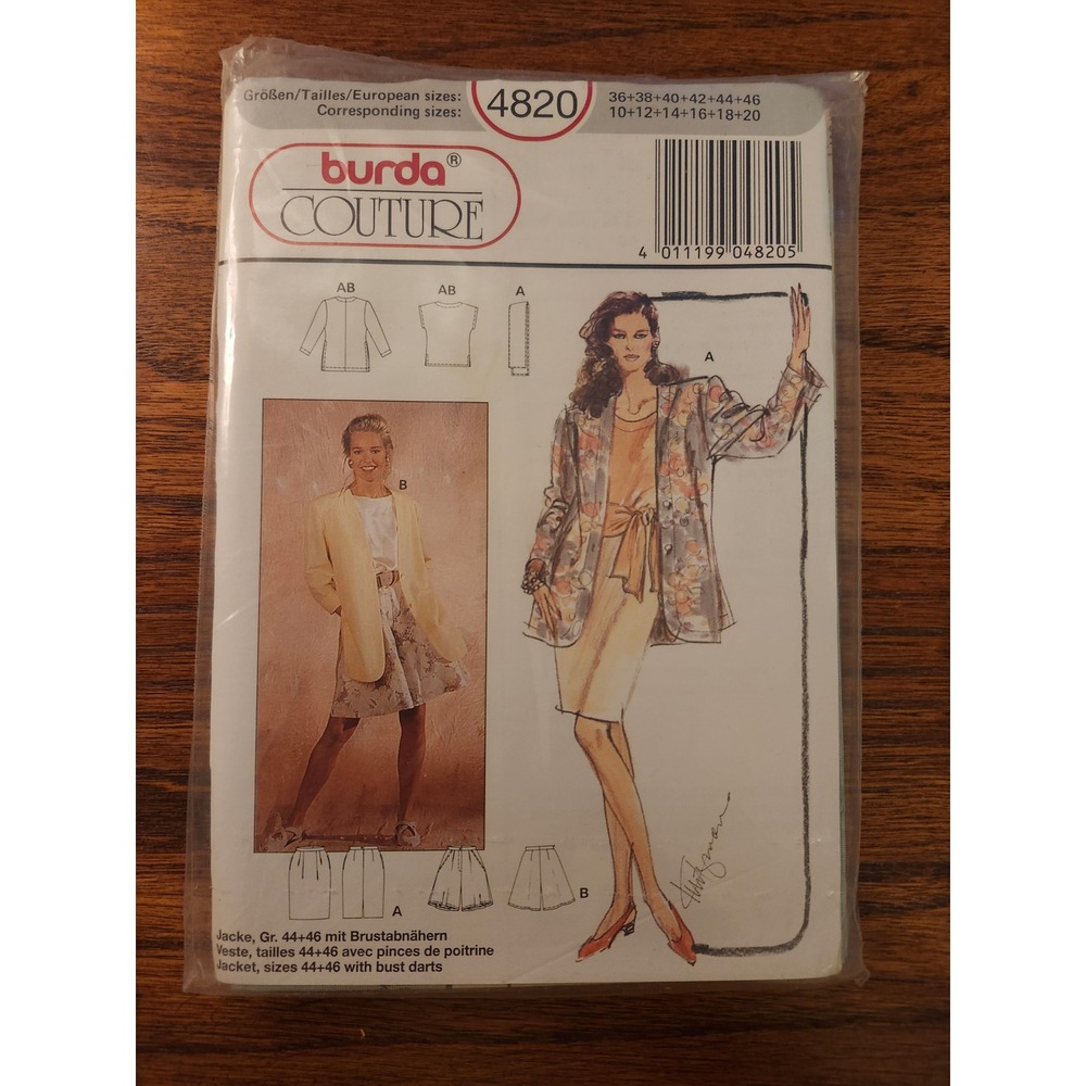 Vintage Burda Couture 4820 Sewing Pattern Jacket Skirt Top Shorts Sizes 10-20